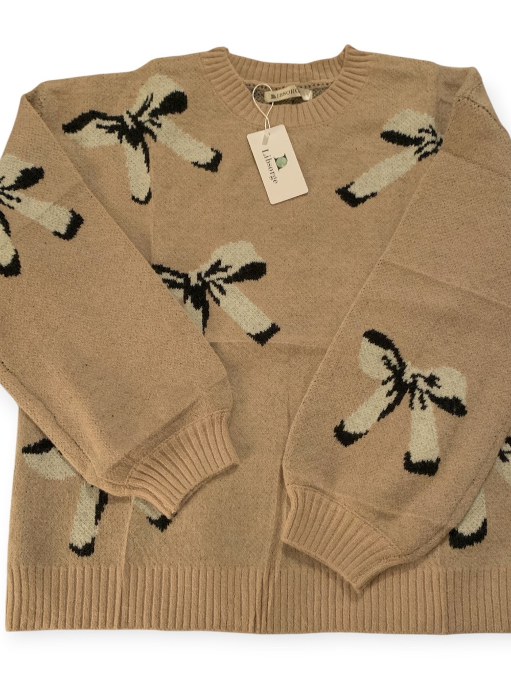 Libsorge Womenās Tan Bow-Pattern Crewneck Sweater